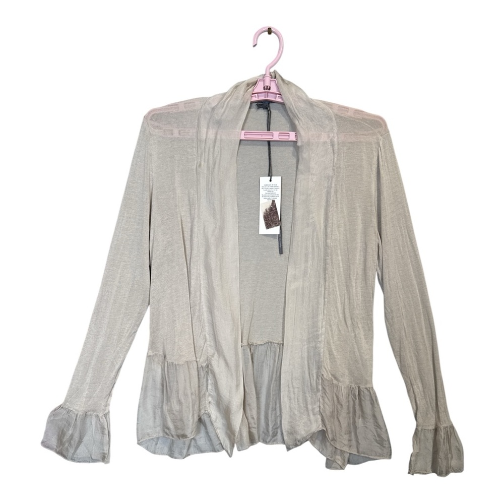 Piazza Del Tempio Tan Open Front‎ Long Sleeve Ruffled Cardigan, Size L